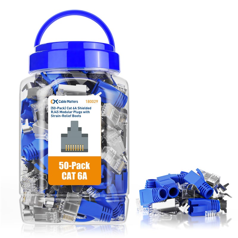 Cable Matters كابل ماترز 50 حزمة موصلات RJ45 محمية Cat6A مع أحذية تخفيف الضغط، مطلية بالذهب 50 ميكرون، موصلات RJ45 محمية Cat 6A، موصل Cat6a - Image 1